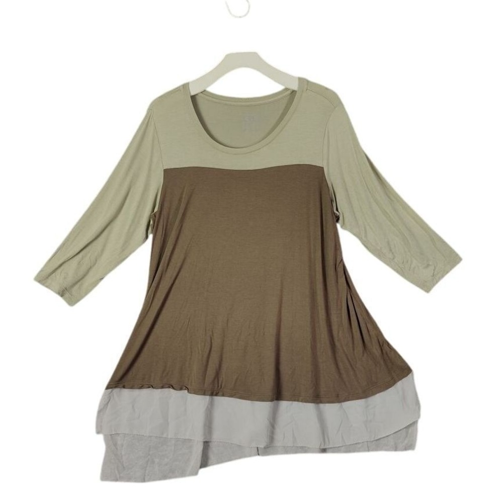 LOGO Womens Lagenlook Earthy Artsy Tunic Top 1X Green Colorblock Layered Hem